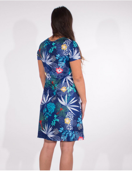 Robe fleurie courte coupe droite et manches courtes marine dos