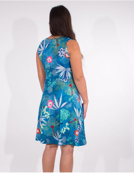 Robe ethnique courte patineuse imprimé tropical pétrole dos