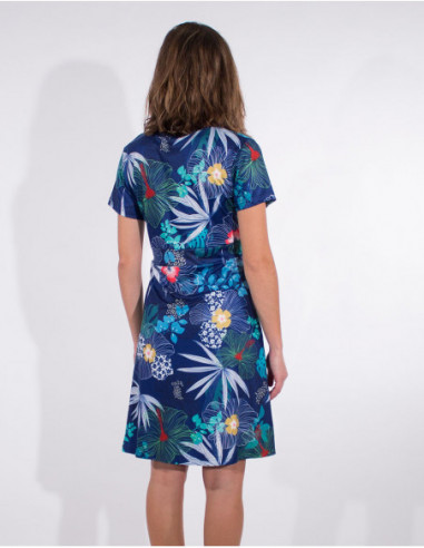 Robe courte classique col croisé imprimé tropical marine dos