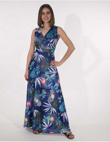 Robe longue chic imprimé ibiscus au décolleté V cache coeur marine