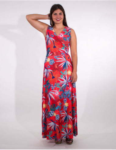 Robe longue chic imprimé ibiscus au décolleté V cache coeur