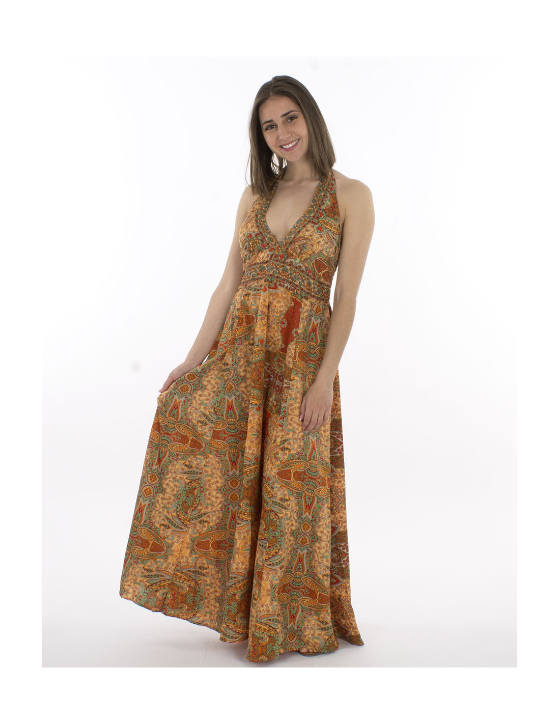 Robe bohème longue toucher soie dos nu imprimé indien