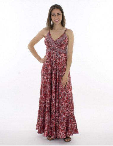 Robe longue bohème fines bretelles imprimées de petites fleurs