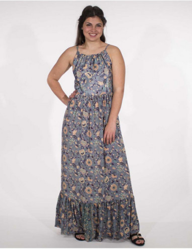robe longue originale imprimé fleuri bleue