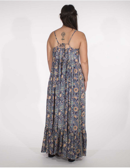 robe longue originale imprimé fleuri bleue dos