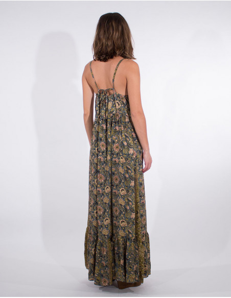 robe longue originale imprimé fleuri kaki dos