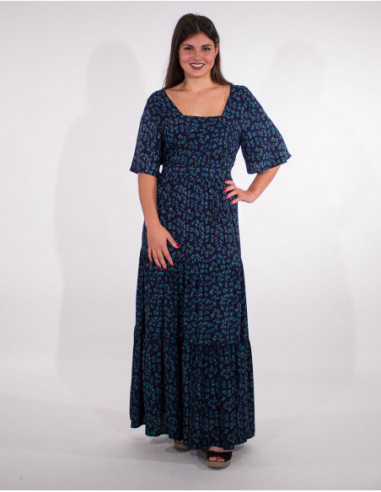 Robe maxi bohème col carré marine