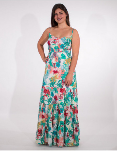 Robe maxi bohème imprimé tropical fines bretelles blanche