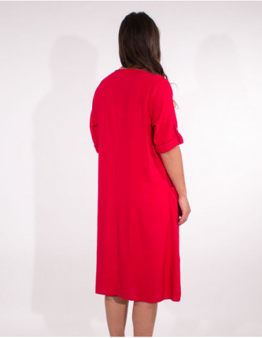 Basic short sleeve dress in red with linen and round neck