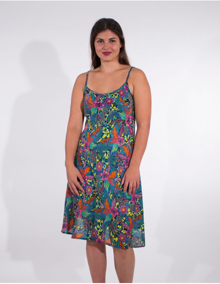 Robe mi-longue fleuri fines bretelles bleue