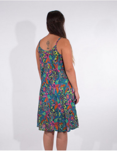 Robe mi-longue fleuri fines bretelles bleue dos