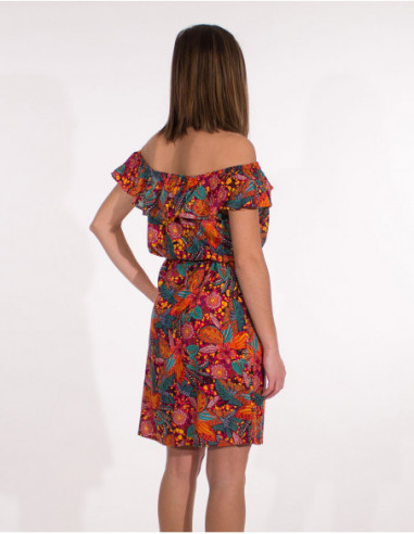 Robe courte col à volant épaules nues fleuri rouge dos