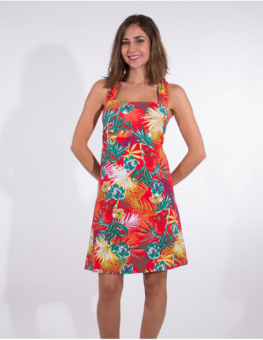 Robe courte fleuri imprimé tropical bretelles dos croisées rouge