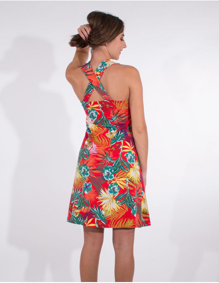 Robe courte fleuri imprimé tropical bretelles dos croisées rouge dos