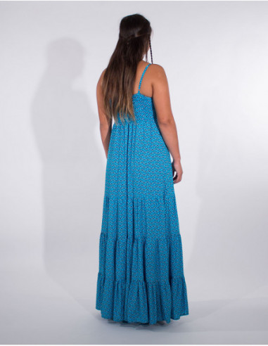 Robe longue élégante et bohème fines bretelles turquoise dos
