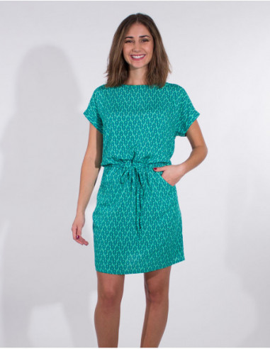 Robe courte à manches courtes avec lien à la taille et poches