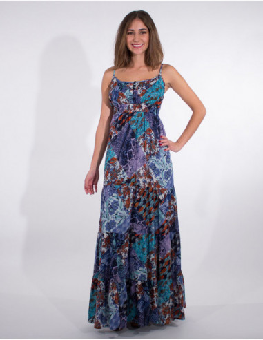 Robe longue esprit bohème smockée dans le dos bleu