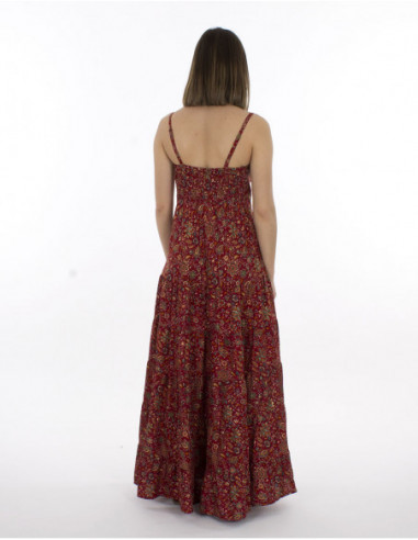 robe femme bohème longue  fines bretelles ajustables à volants bordeaux dos