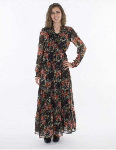 Robe longue mousseline motifs roses