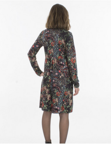 Dos de robe courte patineuse chic à fleurs féminine noire