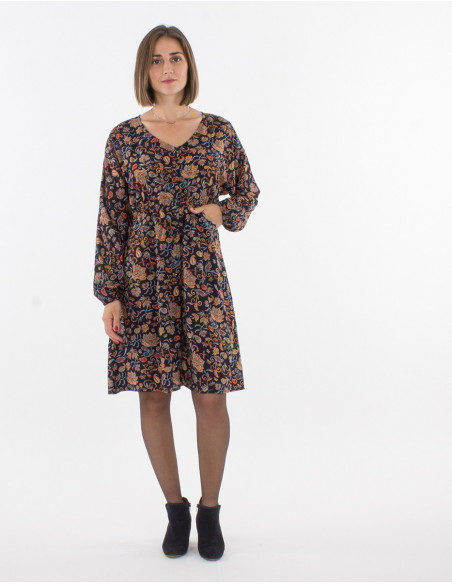 Robe courte patineuse à motifs fleuris boho chic bleu marine