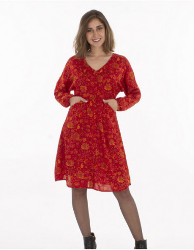 Robe courte patineuse à motifs fleuris boho chic rouge