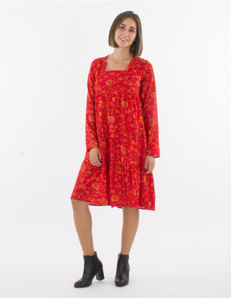 Robe courte fluide et large à motif bohème chic fleuri rouge