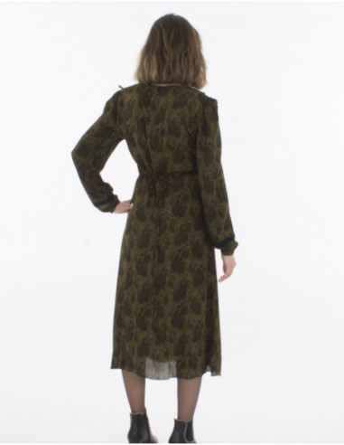 Robe midi paréo chic et féminine avec motif fleurs originales kaki et noir