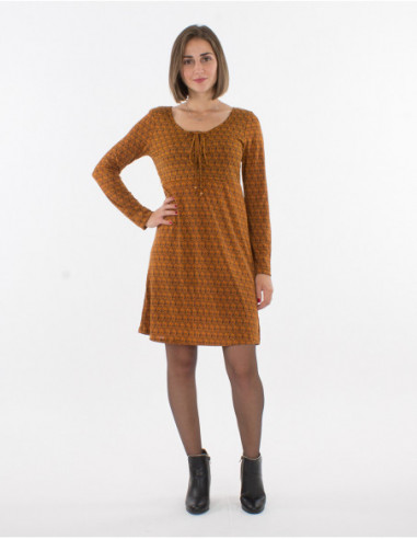 Robe courte originale et fluide pour l'automne à imprimé géométrique jaune moutarde