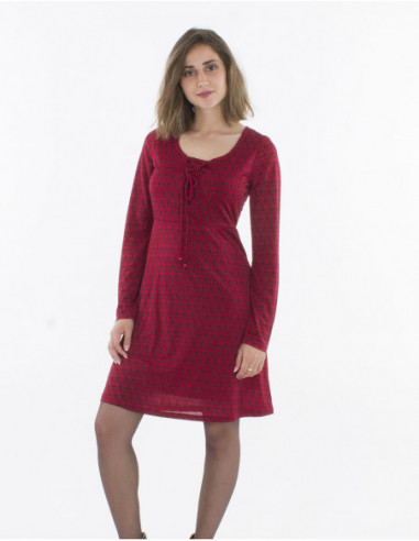 Robe courte originale et fluide pour l'automne à imprimé géométrique rouge bordeaux