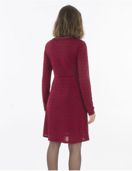 Dos de robe courte pour l'hiver fluide et légère à motif original rouge bordeaux