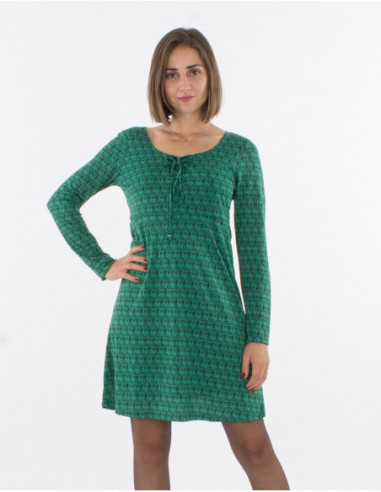 Robe courte automnale fluide à motif ethnique vert