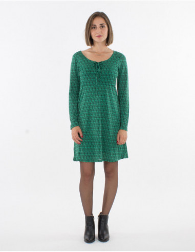 Robe courte originale et fluide pour l'automne à imprimé géométrique verte