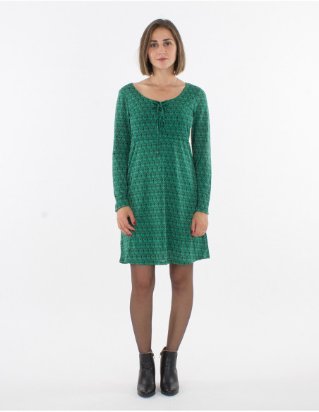 Robe courte originale et fluide pour l'automne à imprimé géométrique verte