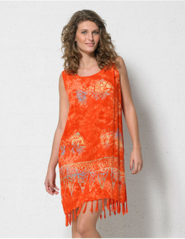 Original cotton beach dress with orange summer pattern