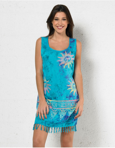 Original cotton beach dress with turquoise blue summer pattern