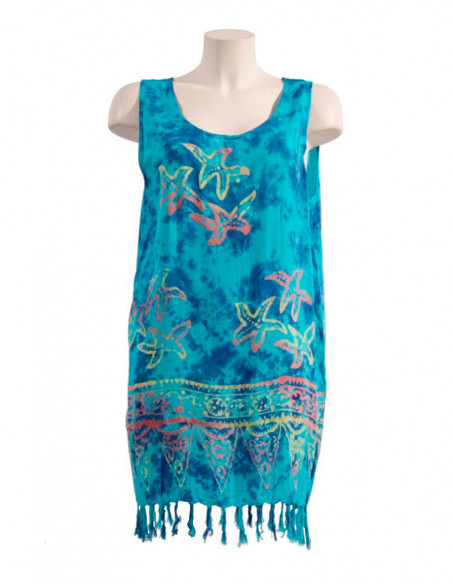 Beach dress with bangs with original shell pattern for summer color turquoise blue
