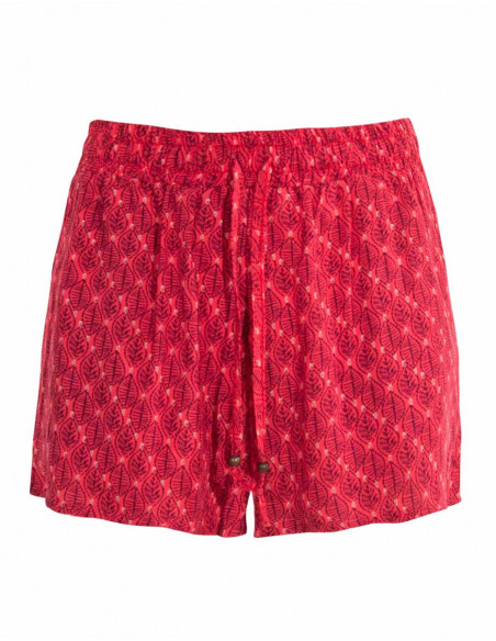 Short léger court pour femme rouge avec motifs feuilles géométriques