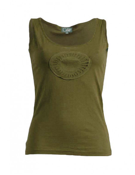 Plain cotton tank top with round yoke on the chest plain khaki green