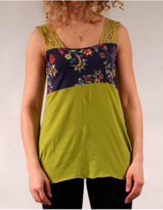 Grey t-shirt with lace straps and floral fabric headband effect 2