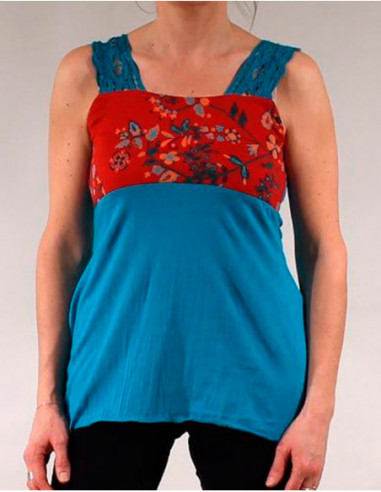 Tee-shirt bleu turquoise avec bretelles dentelle et tissu fleuri effet bandeau