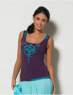 Débardeur pour femme en coton avec motif baba cool fleurs violet et bleu