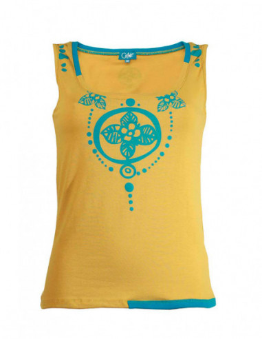 Débardeur pour femme en coton avec motif baba cool fleurs jaune et bleu