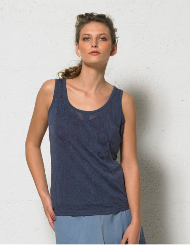 Women's plain basic tank top in navy blue fabric with floral pattern
