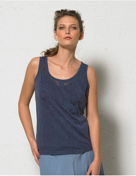 Débardeur uni basique bleu marine tissu transparent motif fleuri pour femme