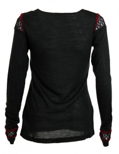 Tee-shirt original manches longues dentelle sur épaule noir dos