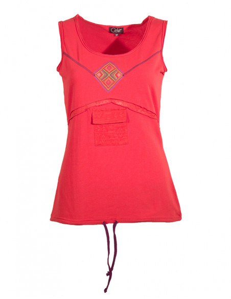 Débardeur original hippie avec poche avant uni rouge pour femme