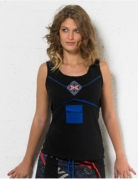 Débardeur original hippie avec poche avant uni noir pour femme