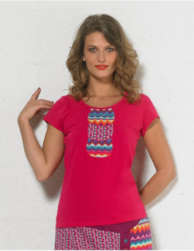 Tee-shirt  manche courte fuchsia motif ethnique devant
