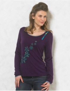 Tee-shirt à manches longues fin romantique motif fleur asymétrique